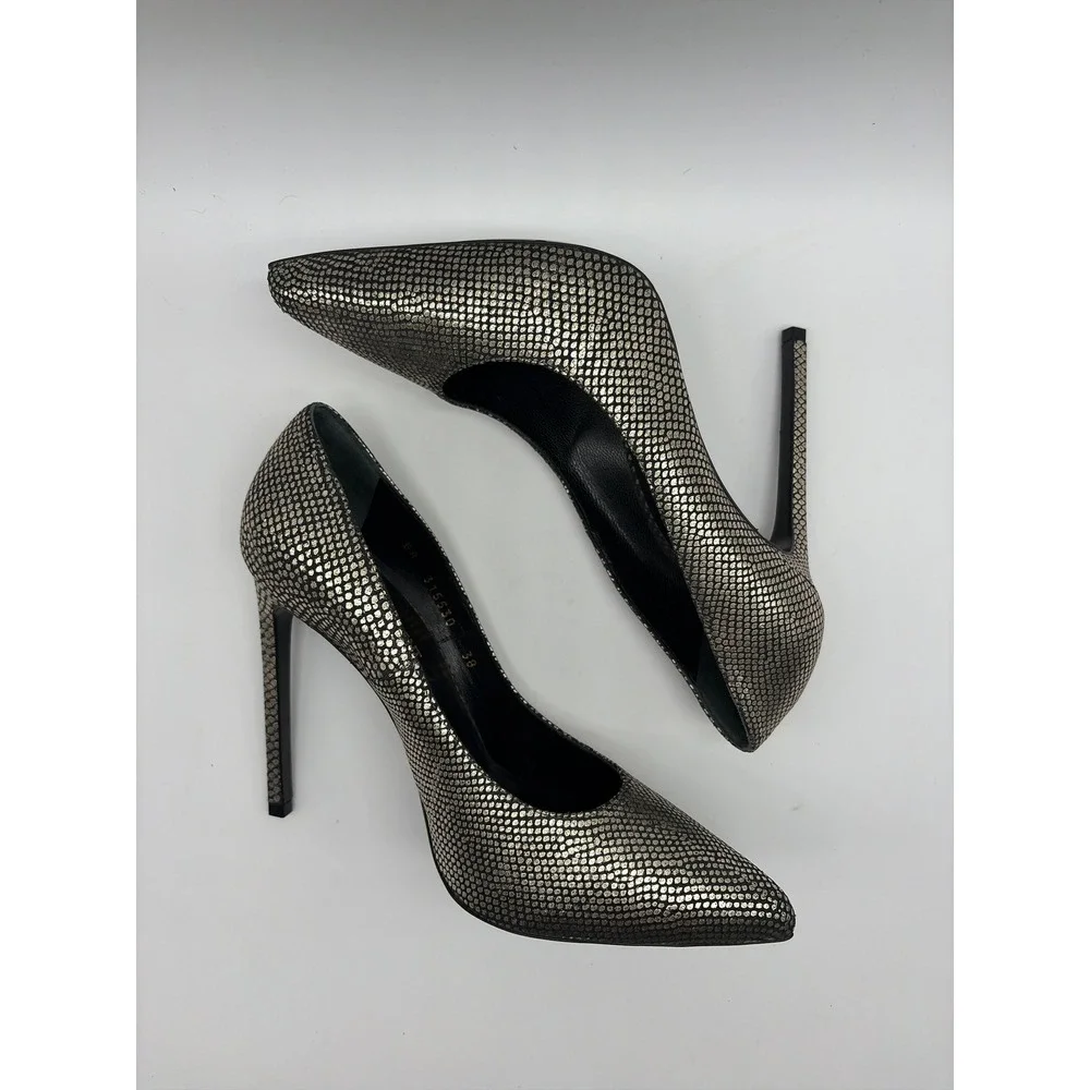 Saint Laurent Paris Anja Pumps Silver Black Snakeskin Stiletto Heels‎ 315530 38